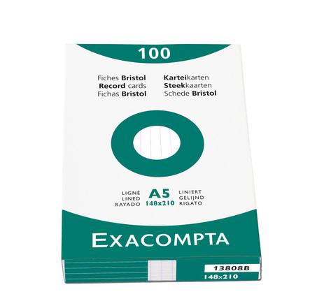 Étui de 100 fiches bristol blanc ligné non perforé 148x210mm Blanc EXACOMPTA