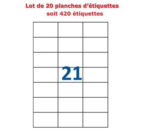 Lot de 20 planches étiquettes autocollantes sur feuille a4 : 70 x 42,3 mm (21 étiquettes par feuille)