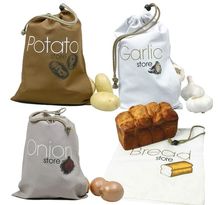 4 sacs de conservation alimentaires en tissu : ail, oignons, pommes de terre, pain