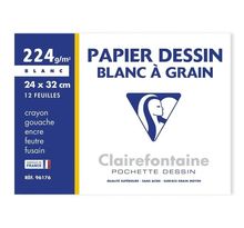 CLAIREFONTAINE - Pochette dessin - Papier a grain P.E.F.C - 24 x 32 - 12 feuilles - 224G - Blanc