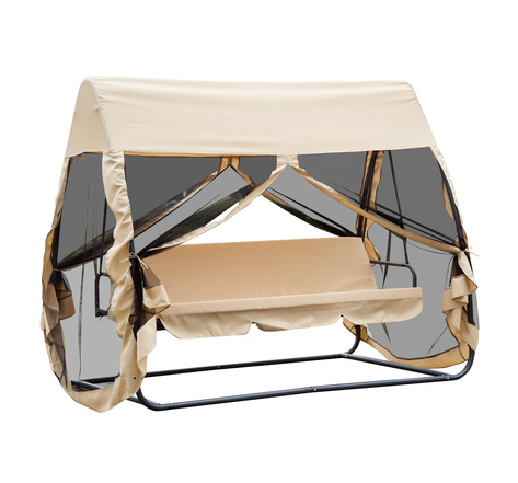 Balancelle de jardin convertible 3 places grand confort : matelas assise dossier, moustiquaire intégrale zippée avec toit,  pochette rangement métal époxy polyester beige
