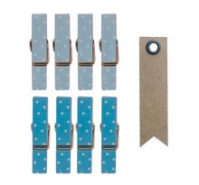 8 mini pinces à linge aimantées bleues 3,5 cm + 20 étiquettes kraft Fanion