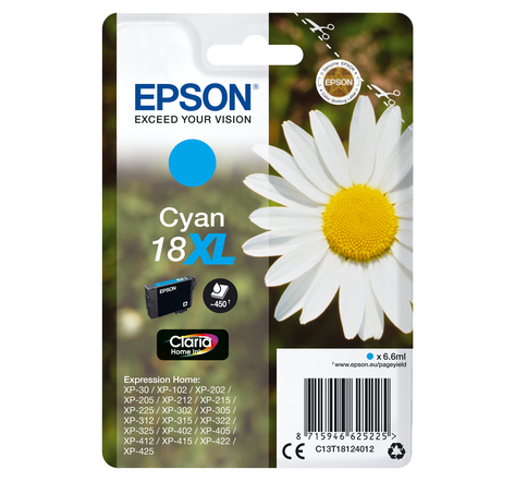 EPSON 1-PACK CYAN 18XL CLARIA HOME INK 18XL cartouche encre cyan haute capacite 6.6ml 450 pages 1-pack RF-AM blister