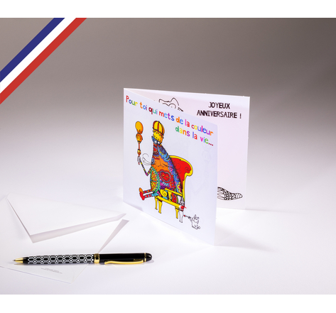 Carte double Cha Cha Cha créée et imprimée en France sur papier certifié PEFC - Joyeux anniversaire à colorier