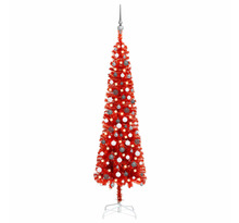 vidaXL Arbre de Noël mince avec LED et boules Rouge 210 cm