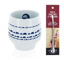 Tasse Nara porcelaine avec motifs bleus + paille inox avec filtre