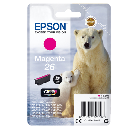 EPSON Singlepack Magenta 26 Claria Premi 26 cartouche encre magenta capacite standard 4.5ml 300 pages 1-pack RF-AM blister