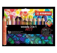 Etui carton x 10 crayons multi-talents STABILO woody 3in1 ARTY + 1 taille-crayon