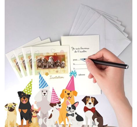 Lot 5 cartes "invitation" chien chiot animaux avec 5 enveloppes blanches 9x14cm