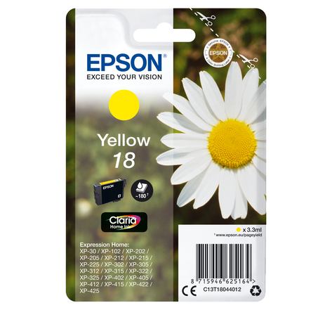 EPSON 1-PACK YELLOW 18 CLARIA HOME INK 18 cartouche dencre jaune capacite standard 3.3ml 180 pages 1-pack RF-AM blister