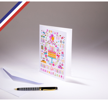Carte double Miniature créée et imprimée en France  sur papier certifié PEFC - Joyeux anniversaire - Gâteau, cadeaux, bougies et fleurs