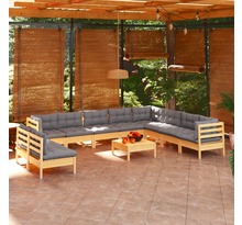 vidaXL Salon de jardin 11 pcs avec coussins gris Bois de pin solide