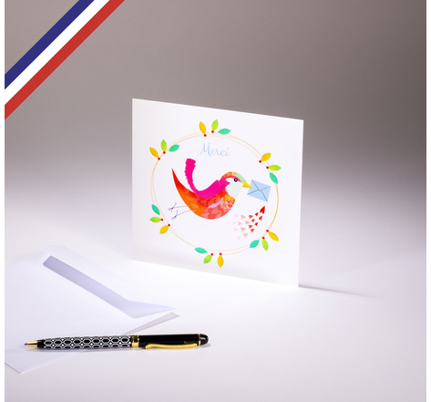 Carte simple Le Petit monde de Kali créée et imprimée en France sur papier certifié PEFC - Merci - Oiseau messager