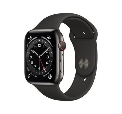 Apple Watch Series 6 GPS + Cellular, 44mm Boîtier en Acier Inoxidable Graphite avec Bracelet Sport Noir