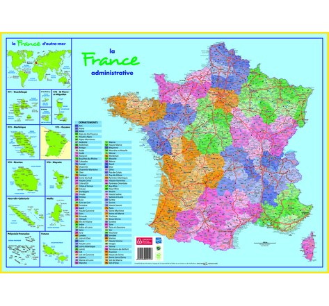 Sous-main carton rigide 'Carte France Administrative' 40,5 X 55 cm BOUCHUT