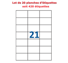 Lot de 20 Planches étiquettes autocollantes blanches sur feuille A4 : 70 x 42,3 mm (21 étiquettes)