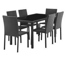 Ensemble repas de jardin - table en verre trempé et 6 chaises en résine tressée noir - Table 160x80x73 cm - Chaise : 44x54x88 cm - A