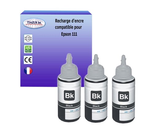 3 Bouteilles d'encre pigmentés compatibles  avec Epson 111 (C13T03M140) - Noire 120ml
