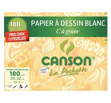 Pochette 12 feuilles de papier à dessin blanc "C" à grain 24 x 32 cm 180 g CANSON