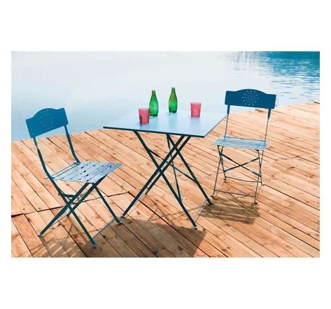 Set bistrot 2 personnes - Table 70x70 cm + 2 chaises - Acier  thermolaqué - Bleu - HIENO