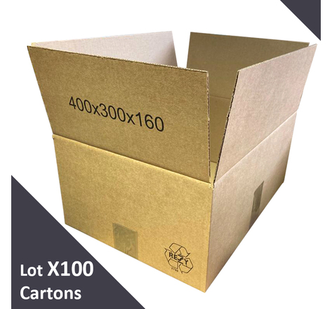 Lot de 100 cartons emballage à simple cannelure standard 400 x 300 x 160 mm