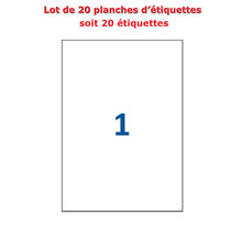 Lot de 20 Planches étiquettes autocollantes sur feuille A4 : 210 x 297 mm (1 étiquette par feuille)