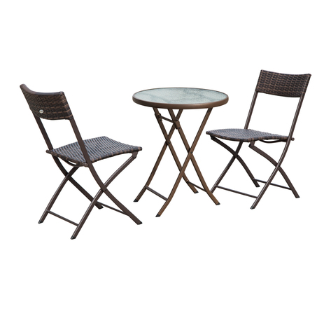 Ensemble salon de jardin 2 places table ronde pliable plateau verre trempé chaises pliantes résine tressée chocolat
