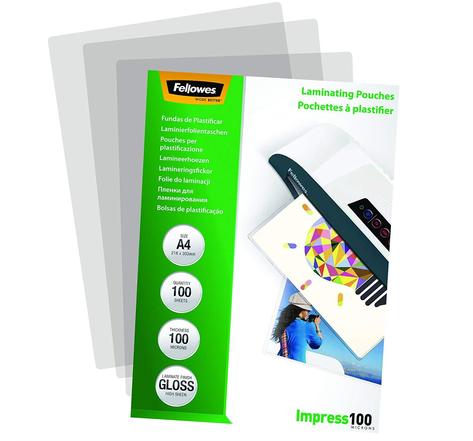 Paquet de 100 pochettes de plastification A4 brillantes 100 microns FELLOWES