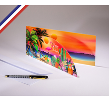 Carte double Extravagance créée et imprimée en France sur papier certifié PEFC - Happy Birthday sous les tropiques - Découpe nuage et or à chaud