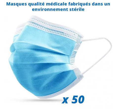 Lot de 50 masques chirurgicaux de qualité médicale - Bleu - Type I - Norme CE