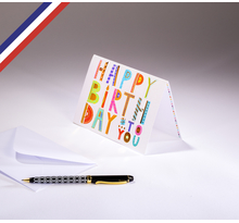 Carte double gourmandiz créée et imprimée en france sur papier certifié pefc - happy birthday en lettres multicolores
