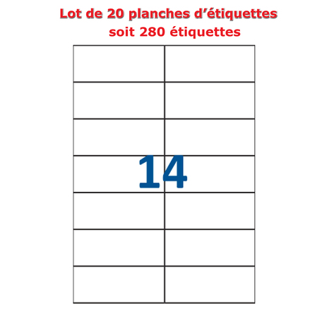 Lot de 20 Planches étiquettes autocollantes blanches sur feuille A4 : 105 x 42 3 mm (14 étiquettes)