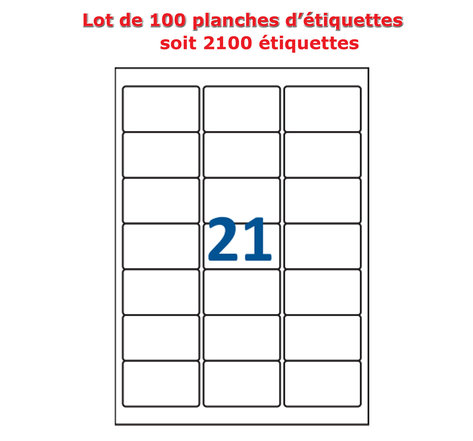 Lot de 100 Planches étiquettes autocollantes pour Timbres sur feuille A4 : 63,5 x 38,1 mm (21 étiquettes par feuille)