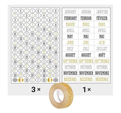 420 stickers dates bullet journal noir-gris-doré + masking tape doré à paillettes 5 m