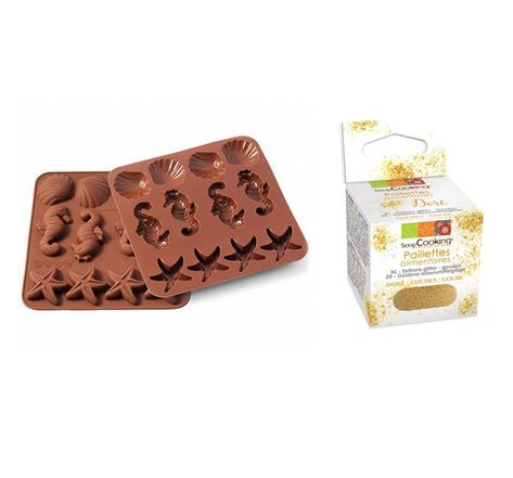 Moule en silicone chocolats vie sous-marine + paillettes dorées