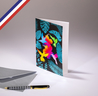 Carte double C'est Chic ! créée et imprimée en France - Colibris multicolores et feuillage en dorure bleue