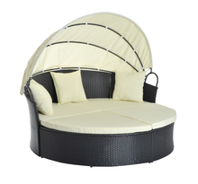 Lit canapé de jardin modulable grand confort pare-soleil pliable intégré 4 coussins 3 oreillers 171l x 180l x 155h cm métal résine tressée polyester noir beige