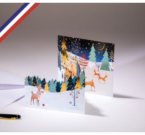 Carte tri-volet fin d'année Théâtre d'hiver créée et imprimée en France- Paysage enneigé et poétique pour souhaiter un joyeux Noël ou les vœux de bonne année