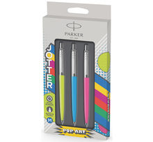 Parker jotter originals 3 stylos bille, bleu, vert et rose, recharge bleue pointe moyenne, sous blister
