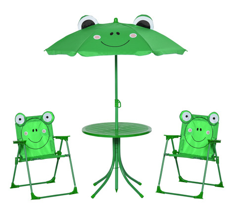 Ensemble salon de jardin enfant 4 pcs design grenouille - table ronde + 2 chaises pliables + parasol - métal époxy oxford vert