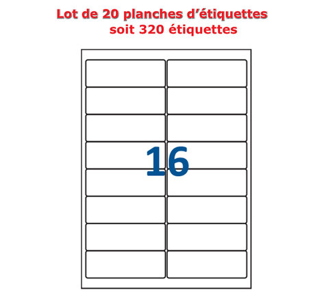 Lot de 20 Planches étiquettes autocollantes blanches sur feuille A4 : 99 x 33 9 mm (16 étiquettes par feuille  spéciales bons de transport)