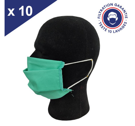 Masque Tissu Lavable x10 Vert Lot de 10