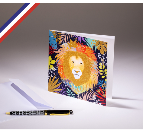 Carte double Scintillante créée et imprimée en France sur papier certifié PEFC - Lion