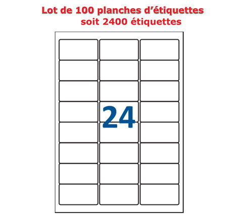 Lot de 100 Planches étiquettes autocollantes pour Timbres sur feuille A4 : 63,5 x 33,9 mm (24 étiquettes par feuille)