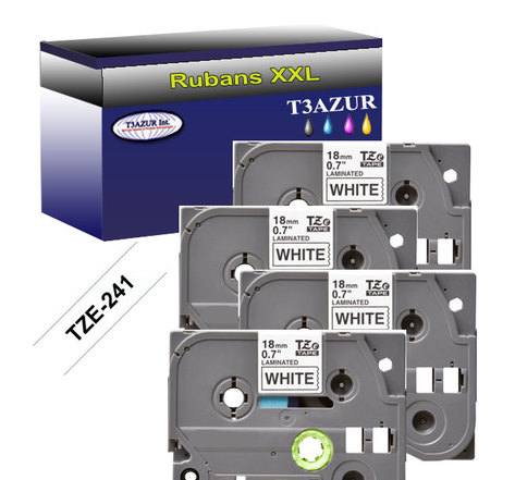 4 x Rubans pour étiquettes laminées génériques Brother Tze-241 pour étiqueteuses P-touch - Texte noir sur fond blanc - T3AZUR