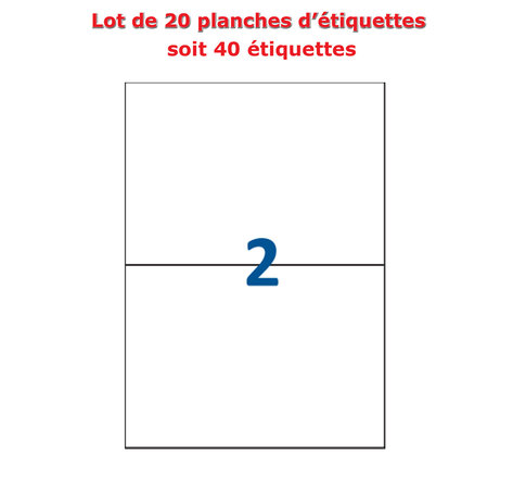 Lot de 20 Planches étiquettes autocollantes blanches sur feuille A4 : 210 x 148 5 mm (2 étiquettes)