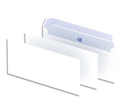 enveloppes blanches format DL 110 x 220 mm, 90 g/m², sans fenêtre, fermeture avec bande auto-adhésive (boîte 500 unités)