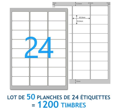 Lot de 50 Planches A4 de 24 étiquettes  spéciales TIMBRE - 6,35 x 3,39 cm = 1200 étiquettes