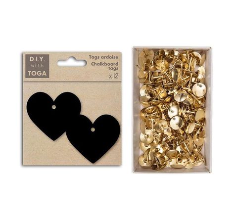 12 étiquettes stickers ardoises petits cœurs + 150 punaises dorées