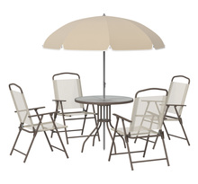 Ensemble salon de jardin 6 pièces - table ronde + 4 chaises pliables + parasol - acier époxy café textilène polyester beige